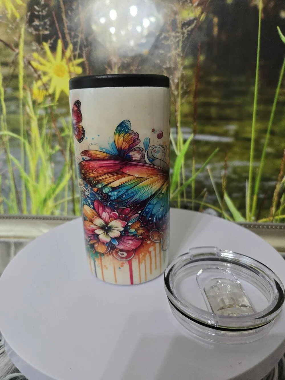 Handmade Butterfly 12oz Slim Duozie Tumbler Can Cooler with Extra Lid New